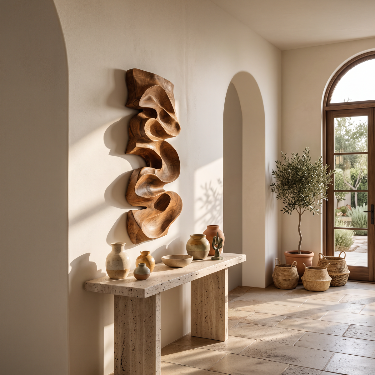 Carved Solid Wood Wall Art Panel with Cascading Curves - view 3