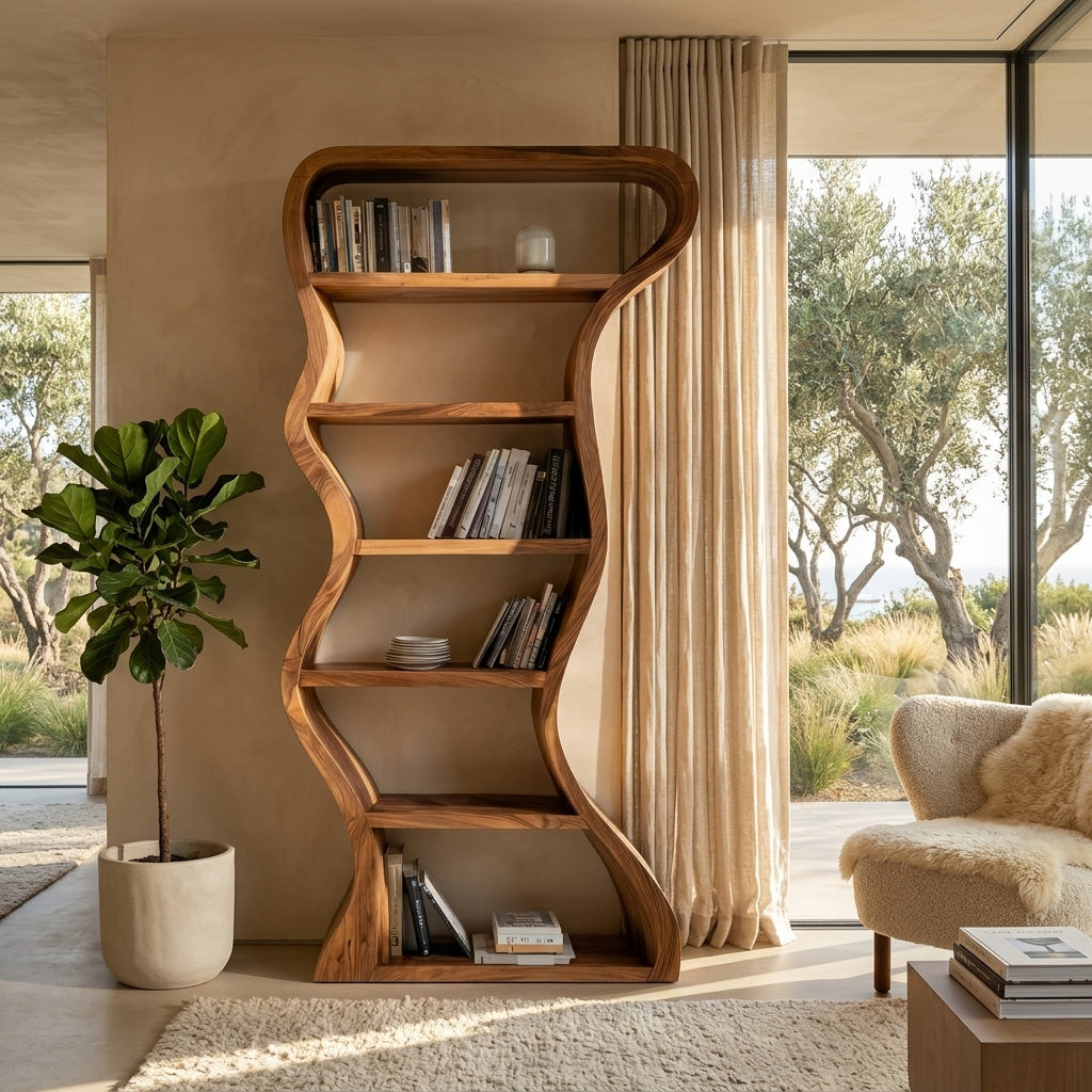 Tall Wavy Solid Wood Bookshelf with Organic Sculpted Sides - view 2