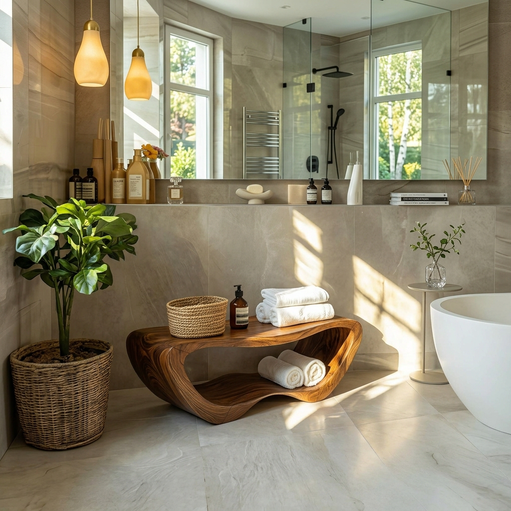 Solid Wood Organic Shower Bench with Open Towel Storage - view 2