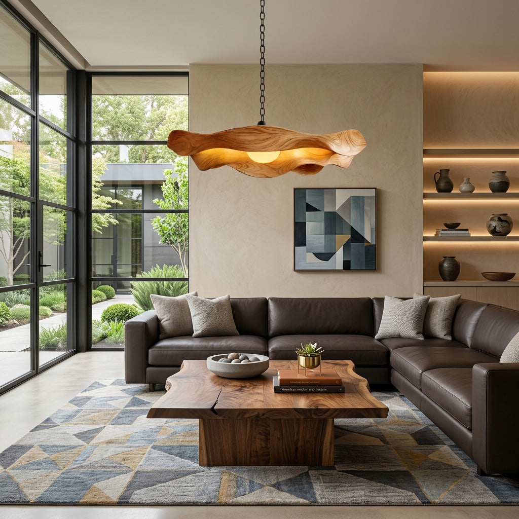 Modern Sculptural Solid Wood Pendant Light with Flowing Contours - view 3