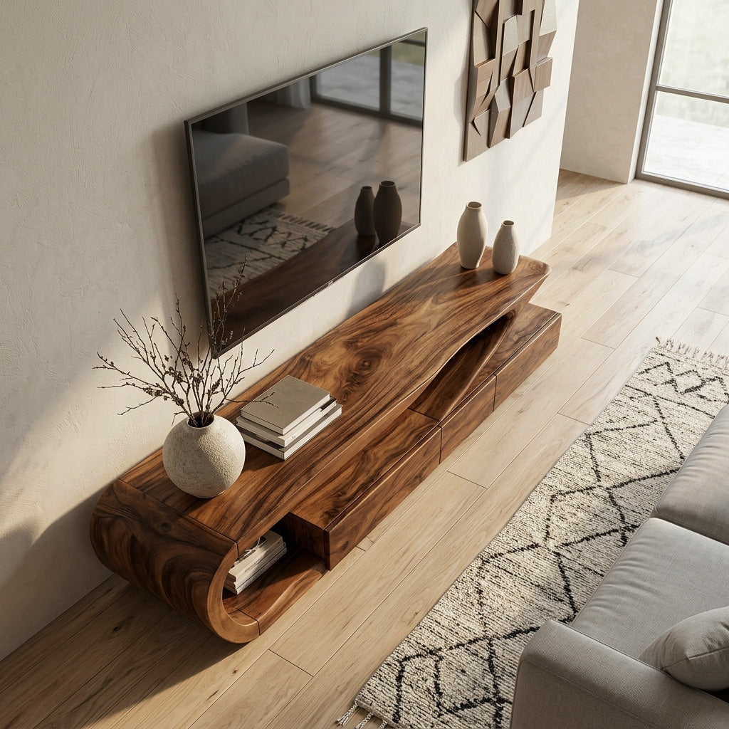 Minimalist Solid Wood TV Console with Drawers and Curved Frame - view 3