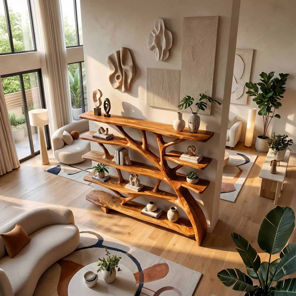 Wavy Sculptural Solid Wood Bookcase with Asymmetrical Shelves - view 3