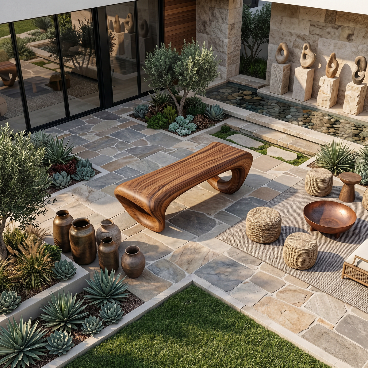 Solid Wood Sculptural Outdoor Bench with Hollow Curved Form - view 2