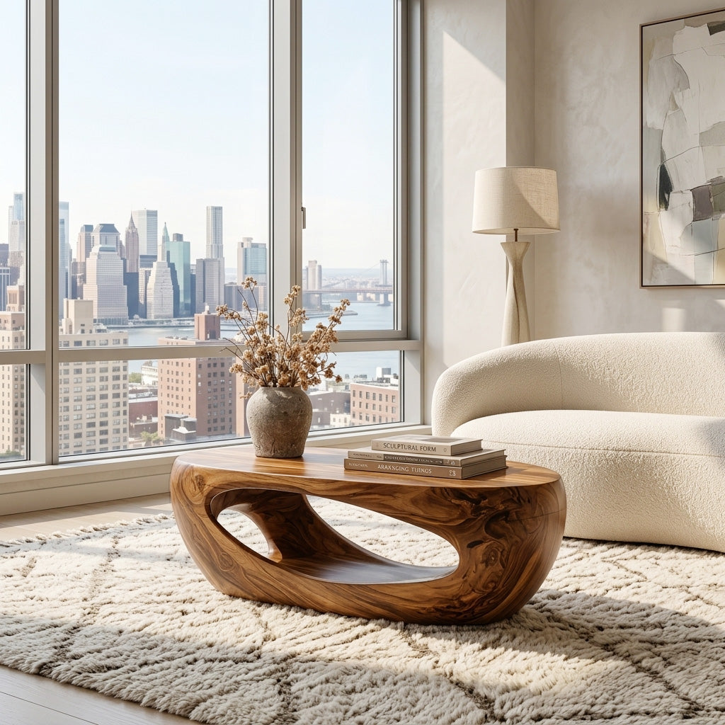 Mid-Century Sculptural Solid Wood Coffee Table with Hollow Cutouts - view 8