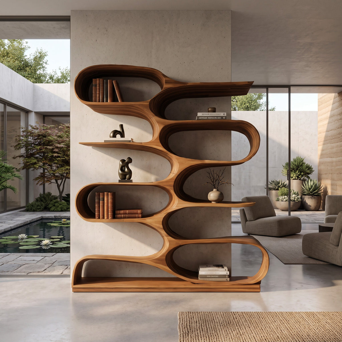 Organic Solid Wood Bookshelf with Wave-Shaped Curved Tiers - view 2