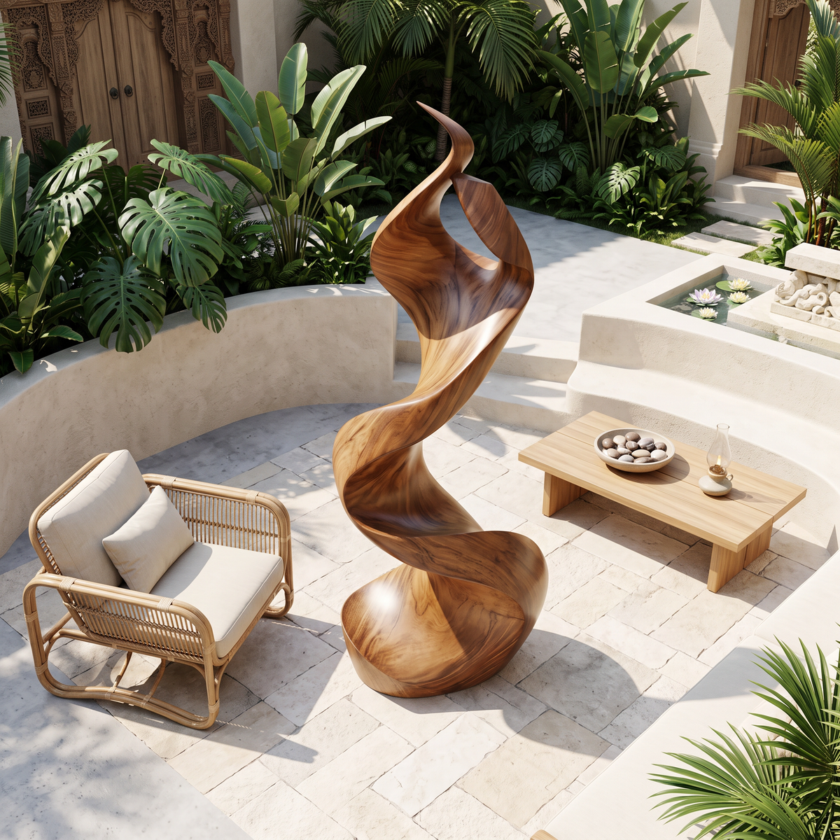 Large Solid Wood Abstract Sculpture with Flame-Inspired Curves - view 3