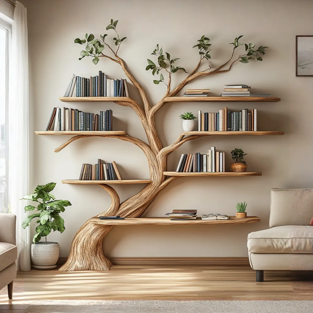 Driftwood Branch Floating Wall Shelf with Tree Design