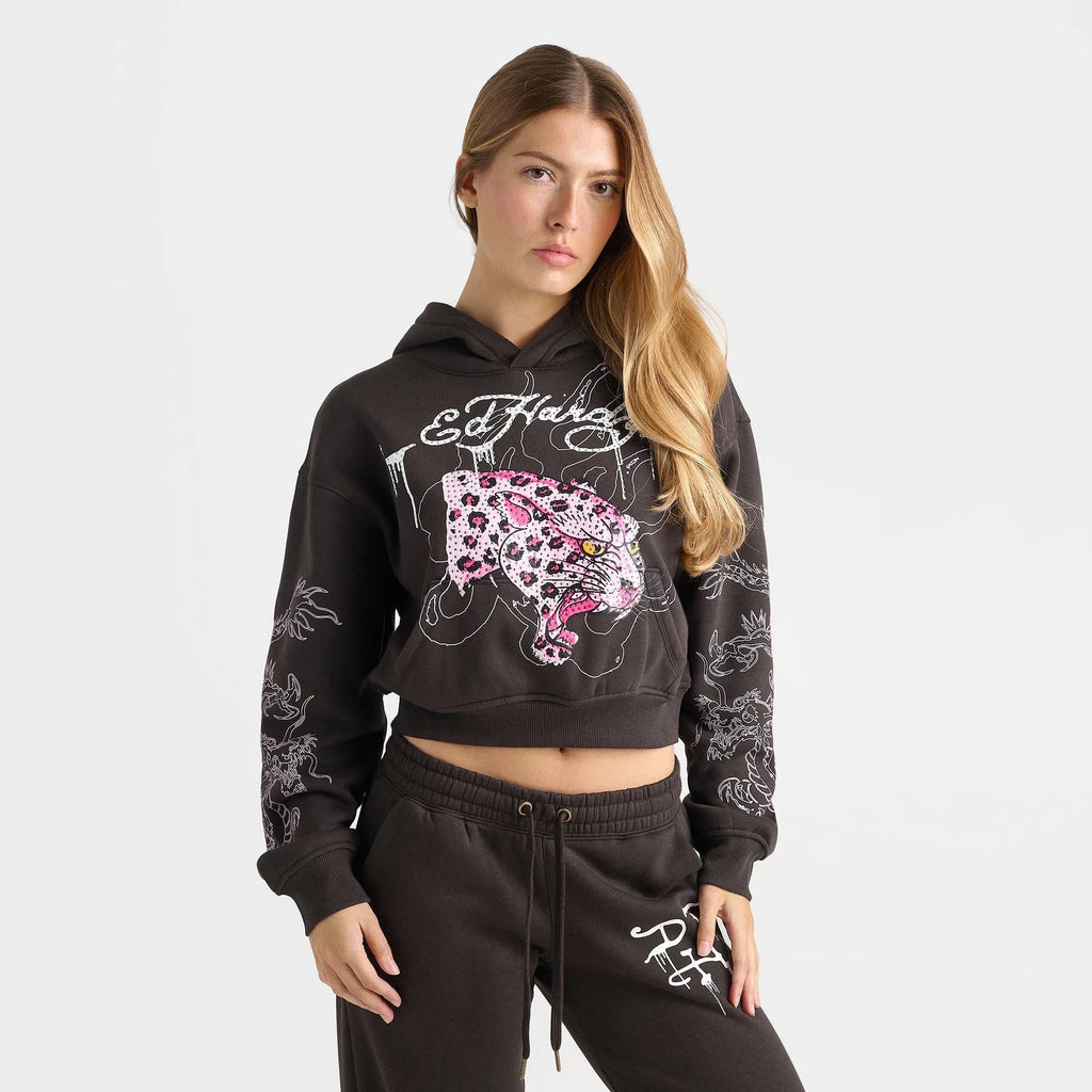 Women's Leopard Rhinestone Cropped Pullover Hoodie
