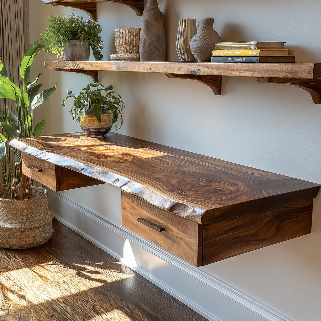 Live Edge Solid Wood Floating Wall Desk with Drawers