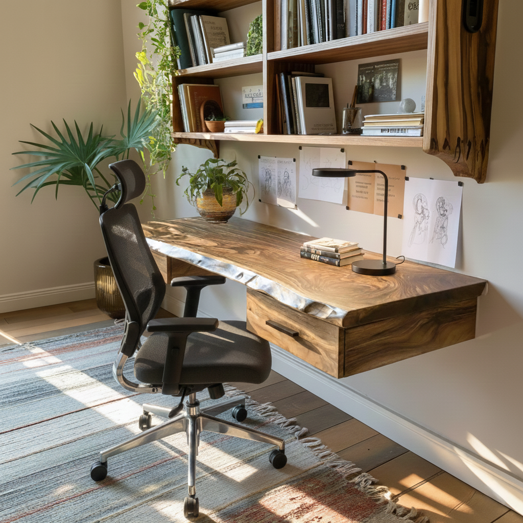 Live Edge Solid Wood Floating Wall Desk with Drawers - view 4