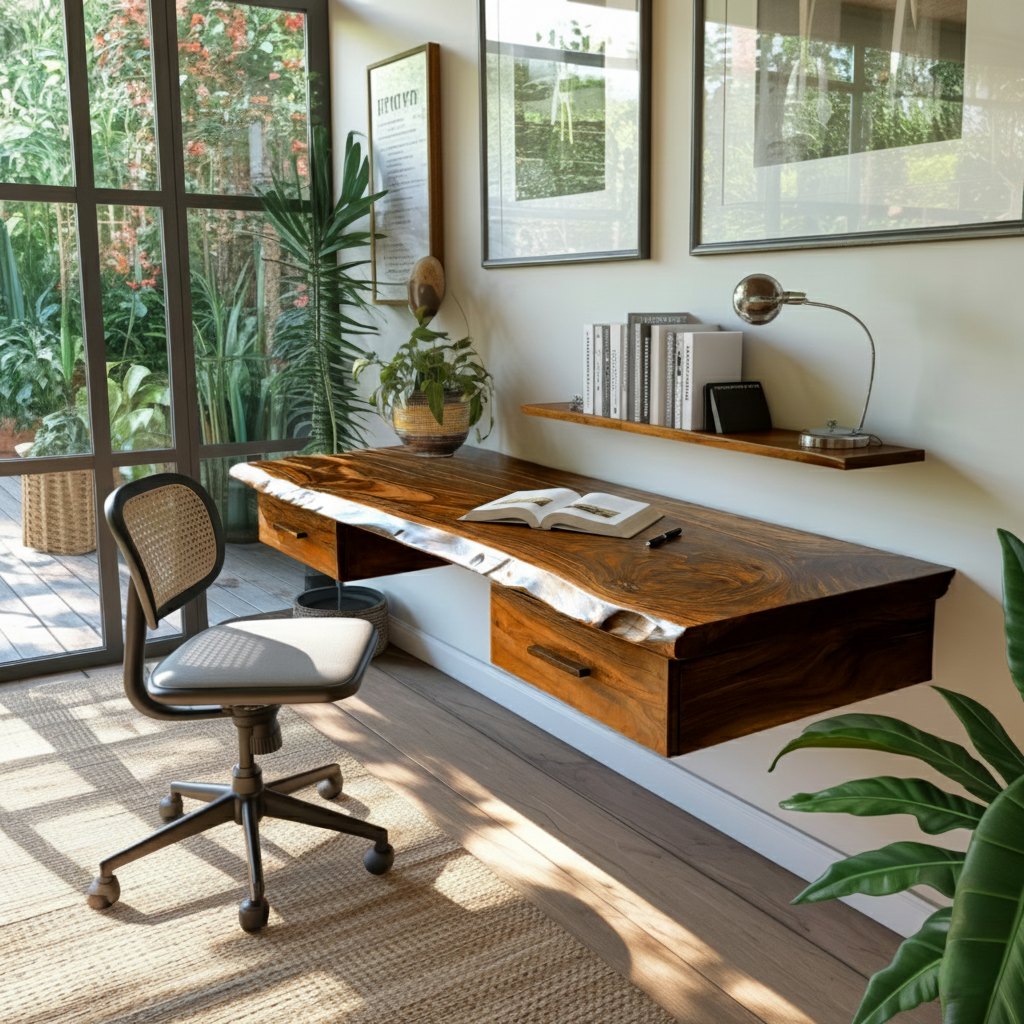 Live Edge Solid Wood Floating Wall Desk with Drawers - view 3