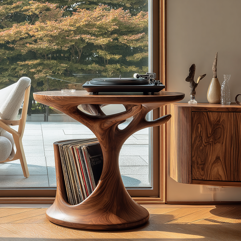 Treeform Sculpted Solid Wood Record Player Stand with Vinyl Storage
