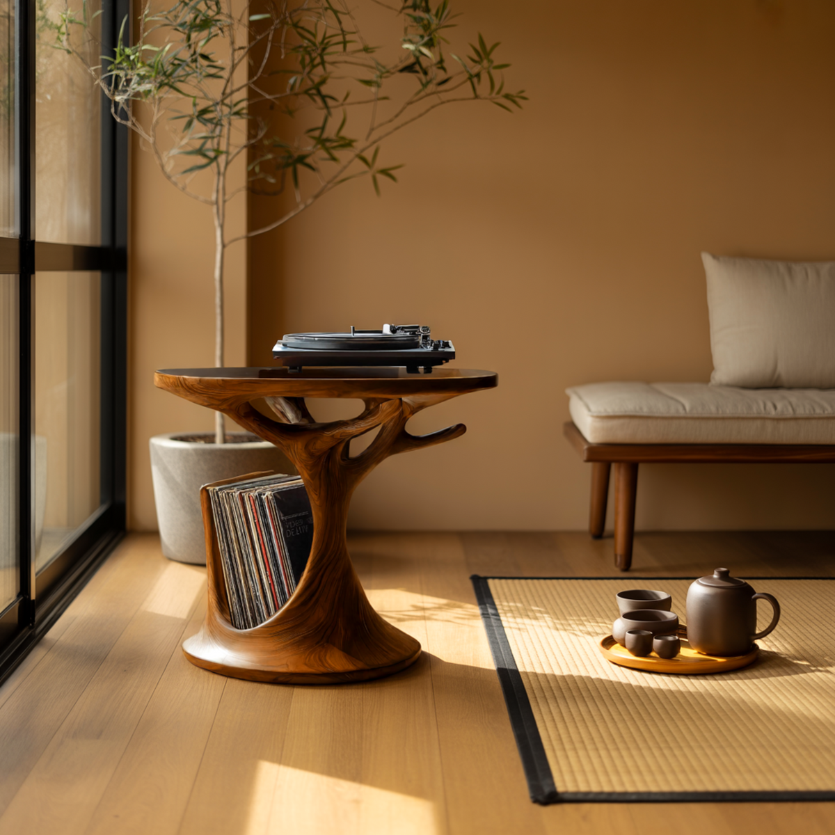 Treeform Sculpted Solid Wood Record Player Stand with Vinyl Storage - view 5