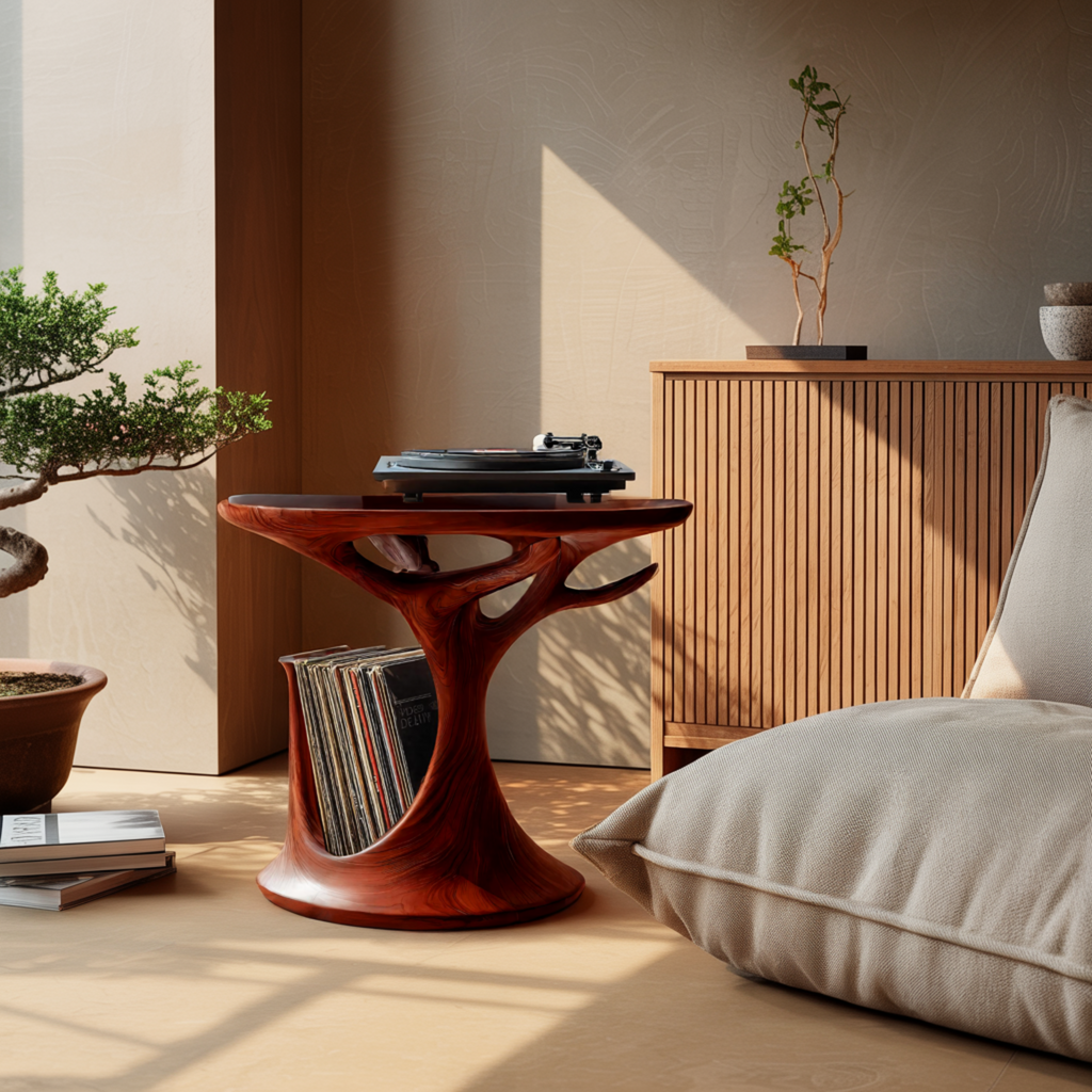 Treeform Sculpted Solid Wood Record Player Stand with Vinyl Storage - view 2