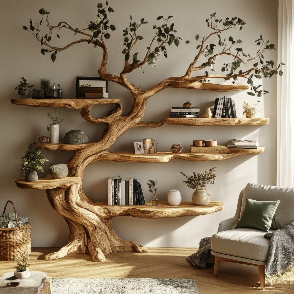 Sculpted Solid Hardwood Tree Bookshelf with Branching Shelves