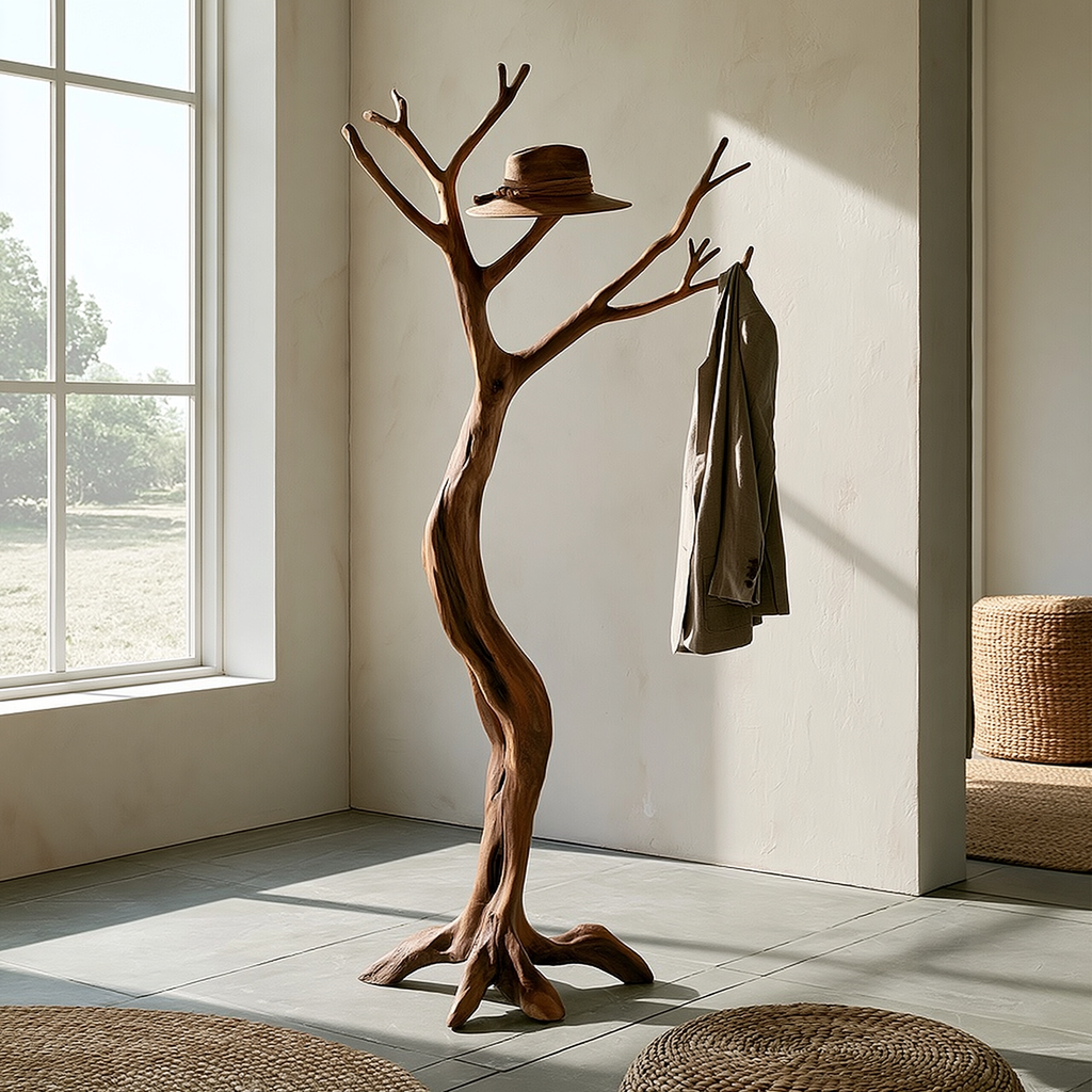 Twisting Trunk Solid Wood Tree Coat Rack with Root Base