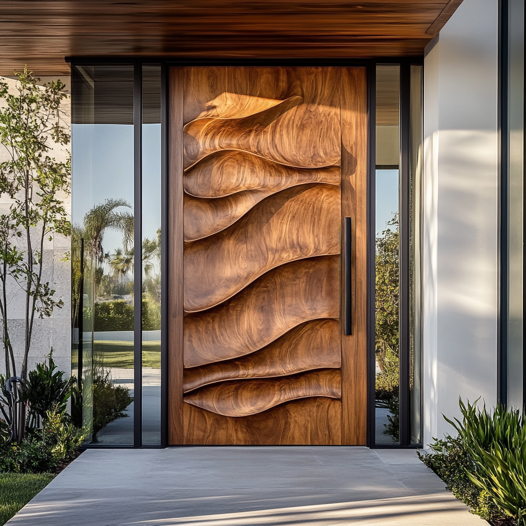 Sculpted Solid Hardwood Single Door with Wave Carving