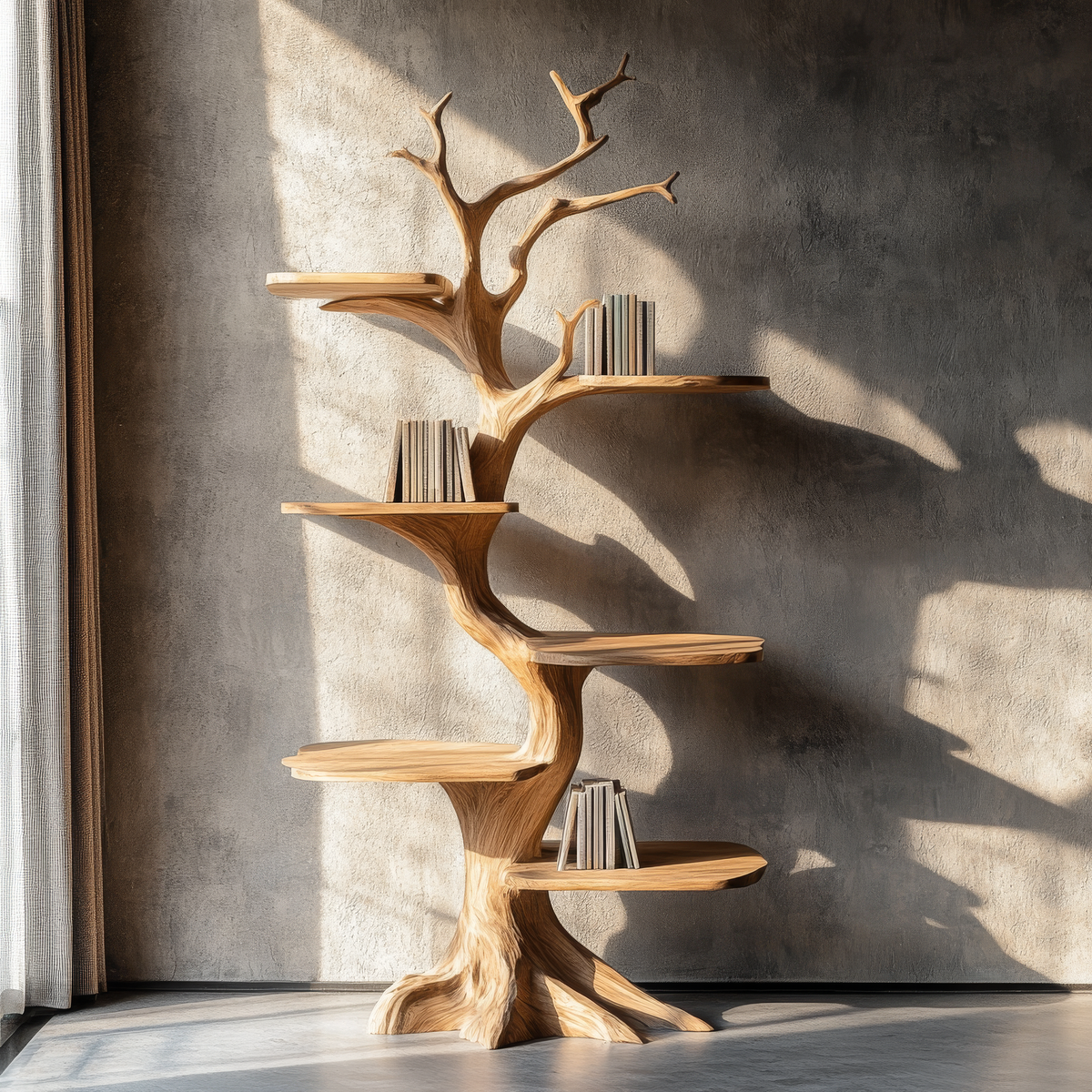 Tall Solid Hardwood Tree Bookshelf with Branch Display Shelves