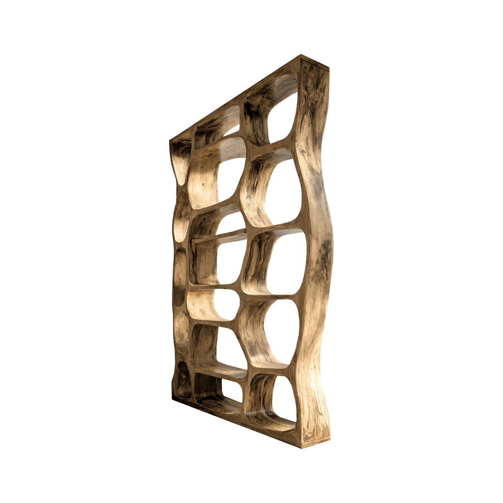 Sculpted Solid Hardwood Room Divider Bookshelf with Carved Openings in Natural Oak finish