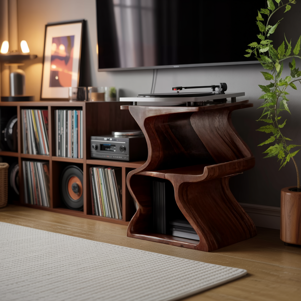 Solid Walnut Wave Record Player Stand with Vinyl Storage Tiers - view 3