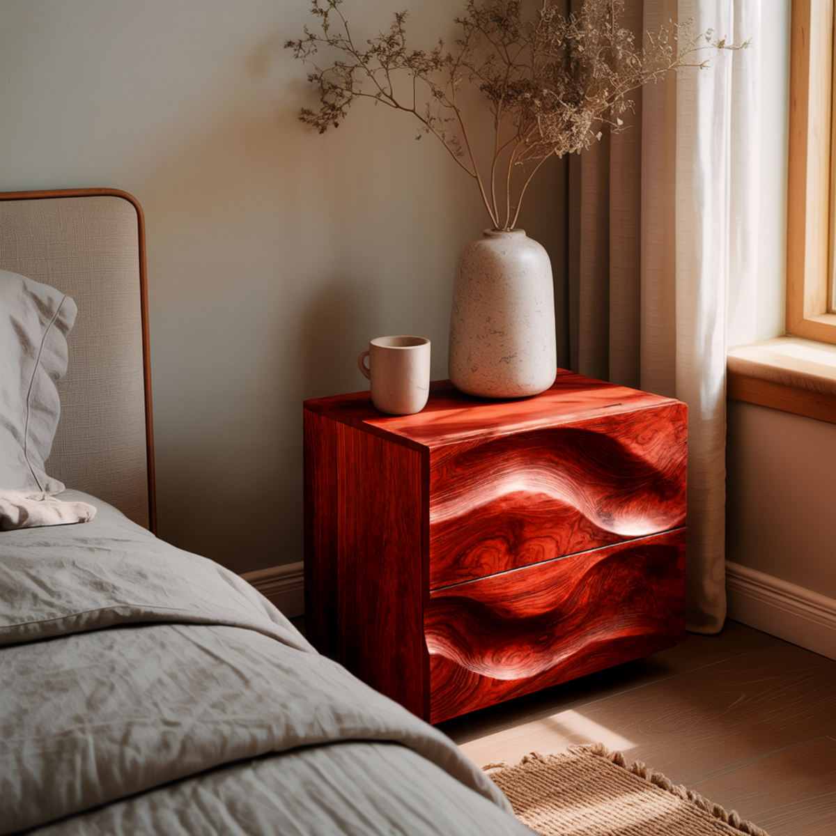 Hand-Carved Hardwood Wave Nightstand with Two Soft-Close Drawers - view 3