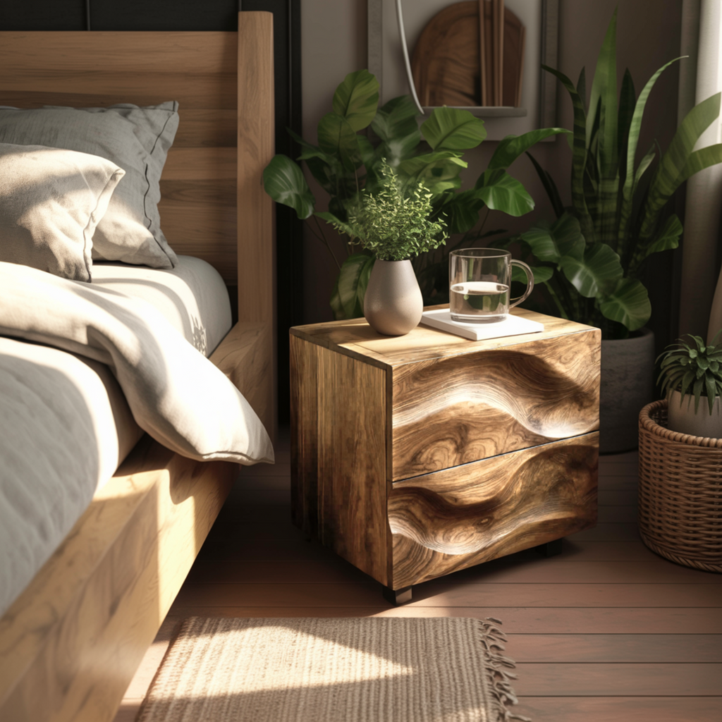 Hand-Carved Hardwood Wave Nightstand with Two Soft-Close Drawers - view 4