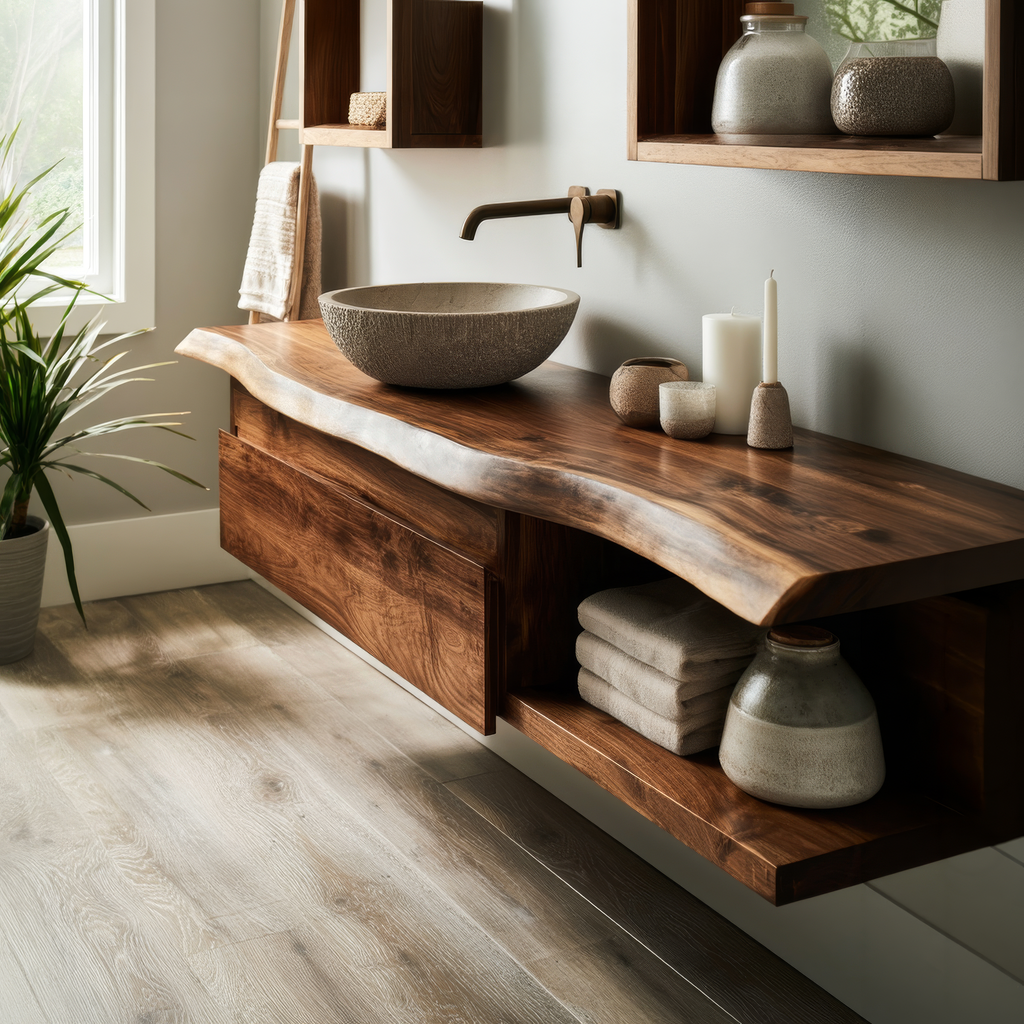 Floating Live Edge Hardwood Vanity with Drawers and Open Shelf