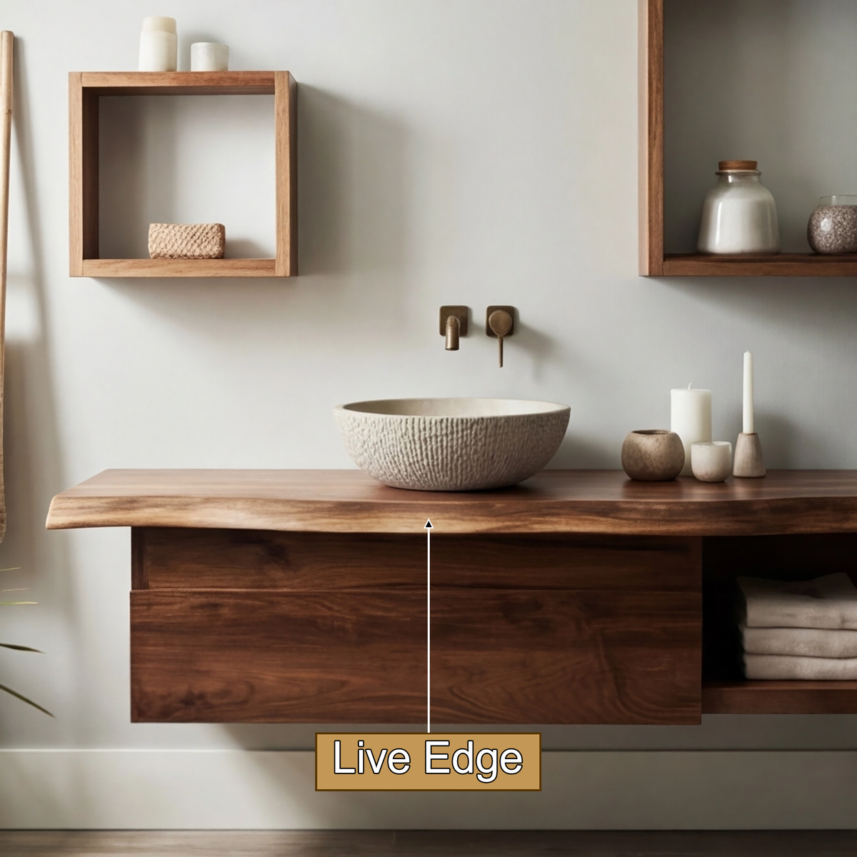 Floating Live Edge Hardwood Vanity with Drawers and Open Shelf - view 11