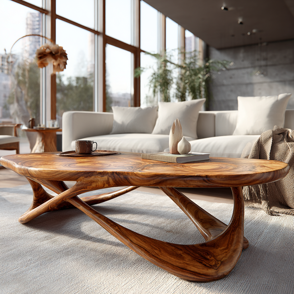 Live Edge Solid Wood Coffee Table with Interwoven Sculptural Base