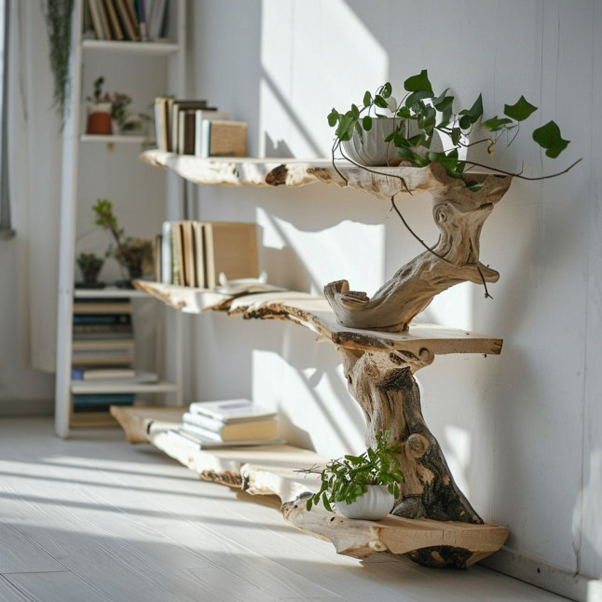 Farmhouse Tree Branch Standing Corner Shelf with Live Edge Tiers - view 2