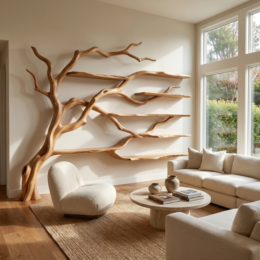 Solid Wood Tree Bookshelf with Wide Sculpted Branch Shelves