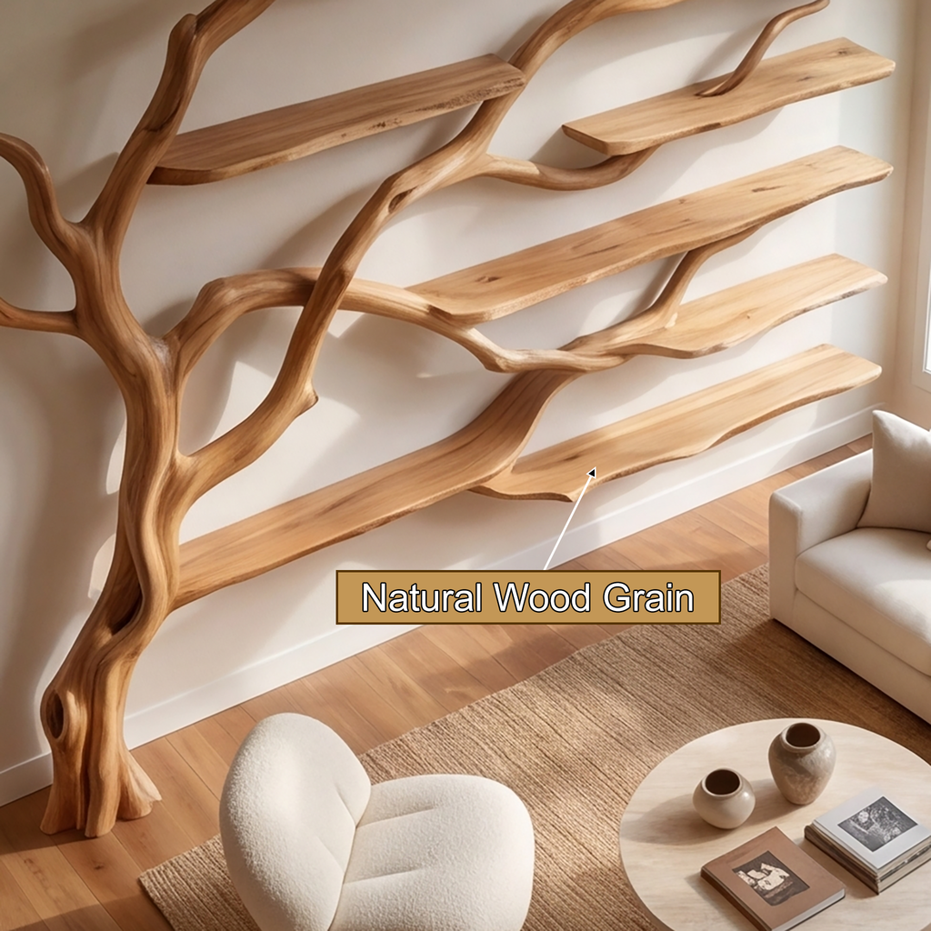 Solid Wood Tree Bookshelf with Wide Sculpted Branch Shelves - view 9