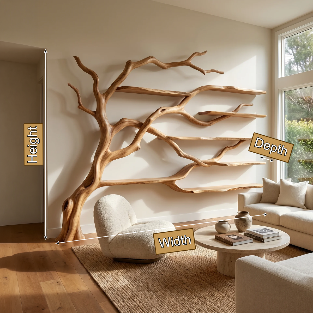 Solid Wood Tree Bookshelf with Wide Sculpted Branch Shelves - view 8
