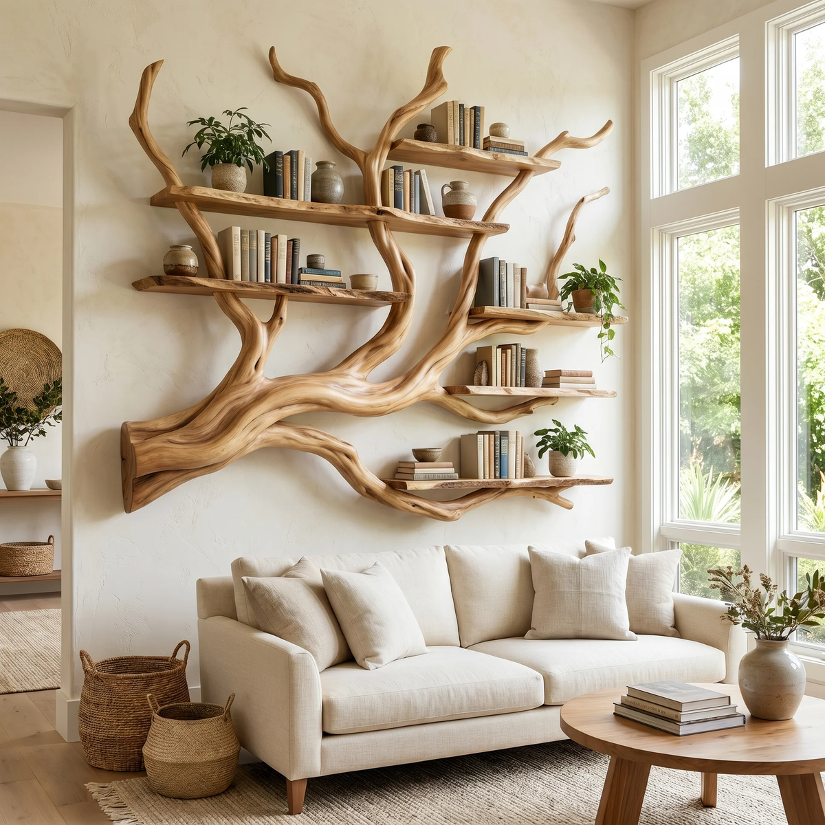 Solid Hardwood Floating Tree Bookshelf with Branching Canopy