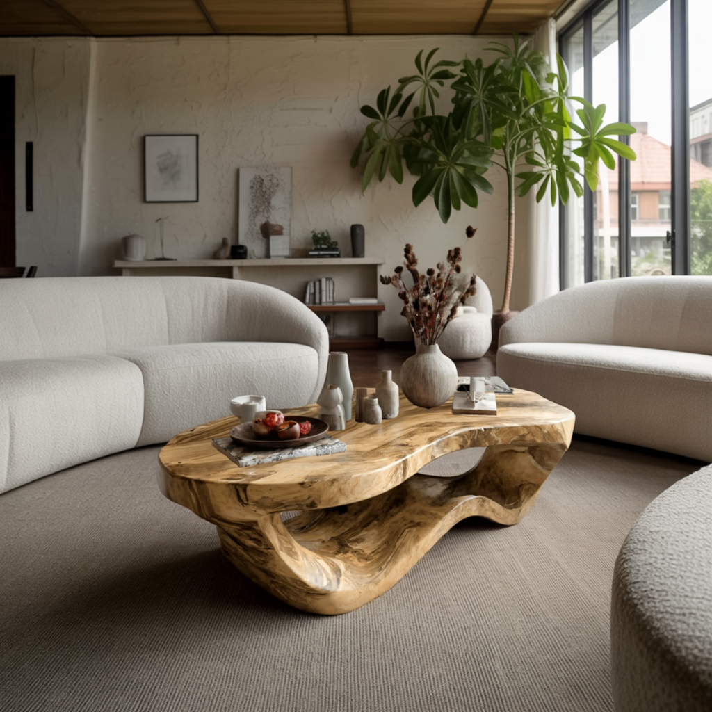 Sculpted Solid Hardwood Coffee Table with Wave-Like Base - view 2