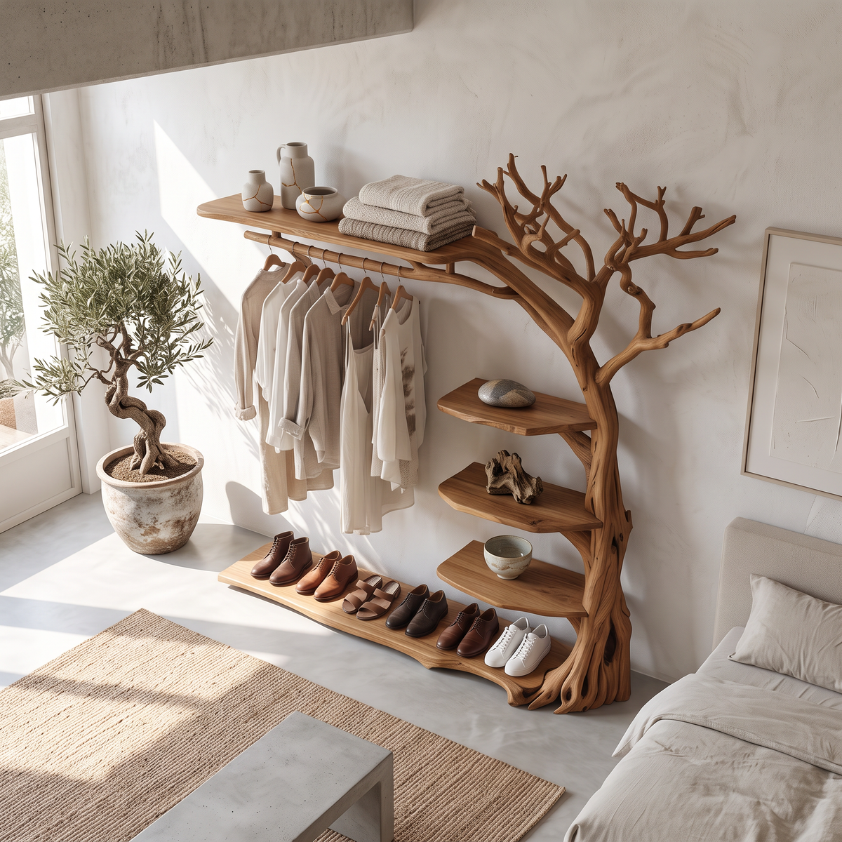 Rustic Tree Branch Coat Rack with Shoe Shelf and Live Edge - view 3
