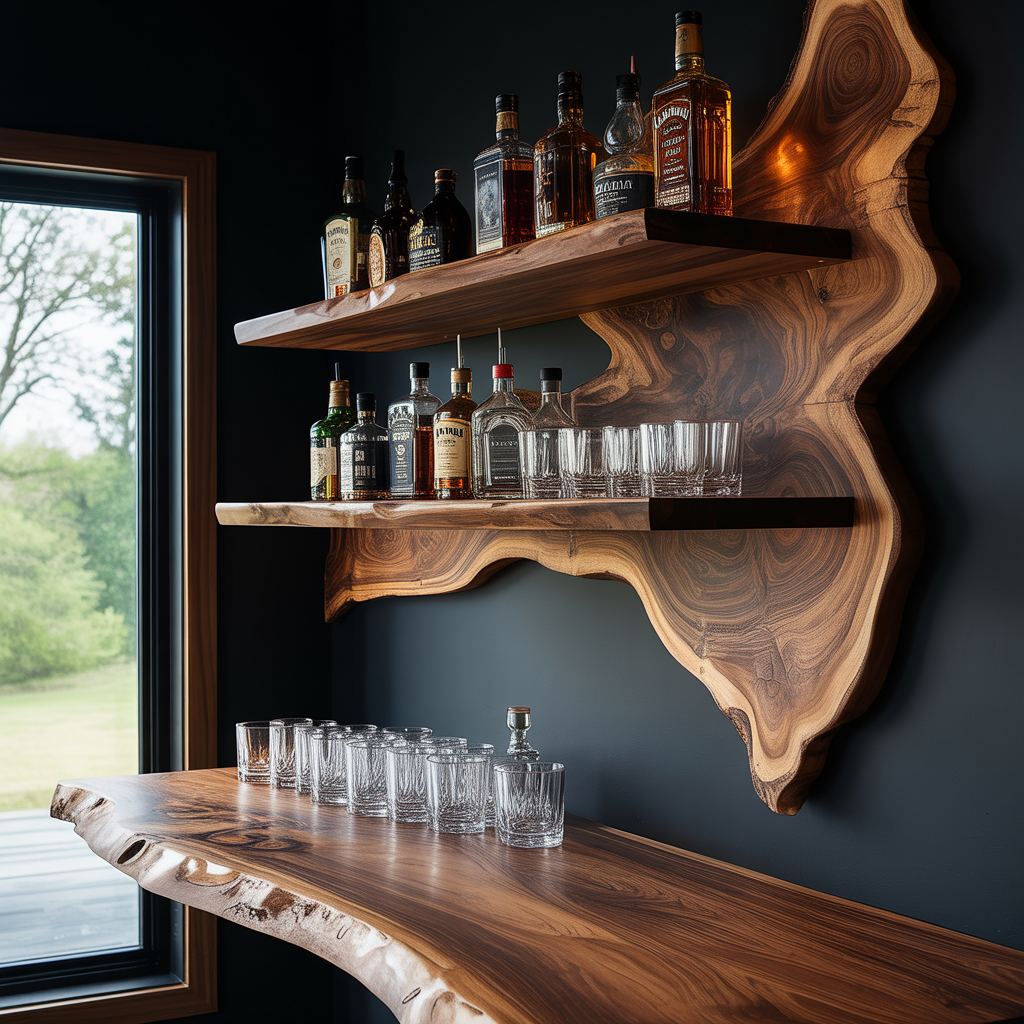 Live Edge Solid Wood Floating Wine Shelf with Sculpted Back Panel