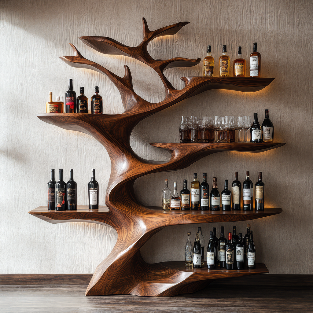 Sculptural Solid Hardwood Tree Wine Rack with Ambient Lighting