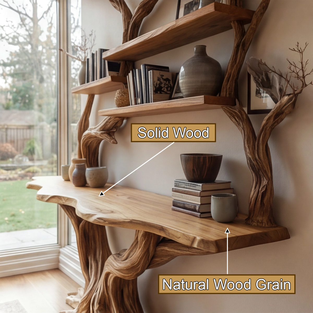 Tree Trunk Sculpted Solid Wood Console Table with Display Shelves - view 2