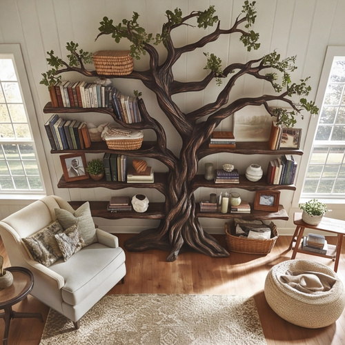 Ancient Tree Solid Hardwood Bookshelf with Bark-Carved Trunk - view 2