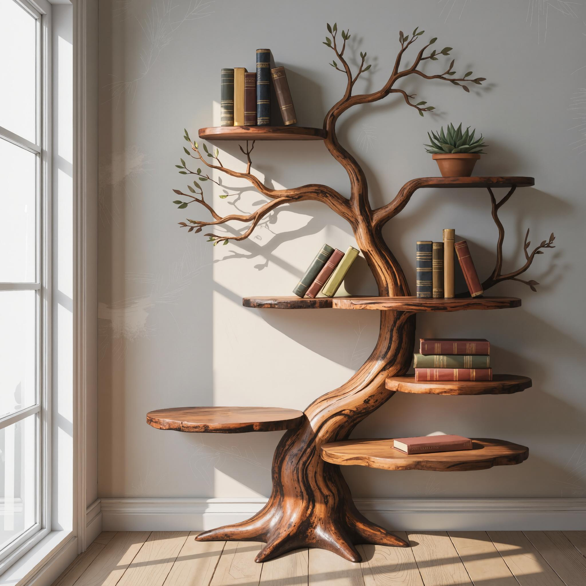 Sculpted Solid Timber Tree Bookshelf with Asymmetrical Shelves