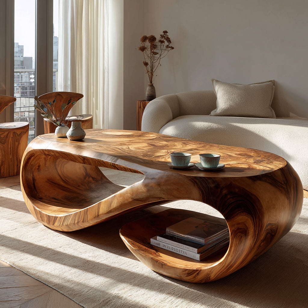 Looping Sculpted Solid Hardwood Coffee Table with Lower Shelf