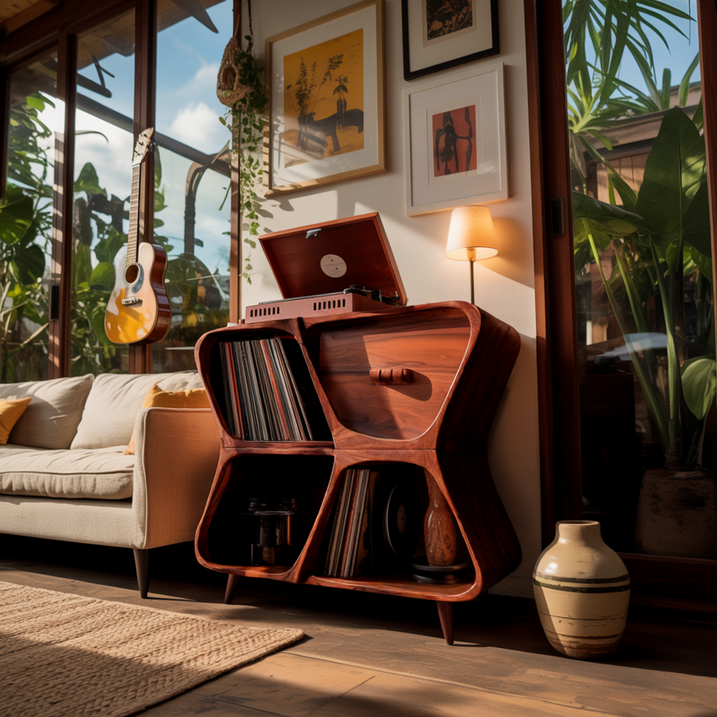 Sculpted Solid Wood Record Player Cabinet with Curved Edges - view 3