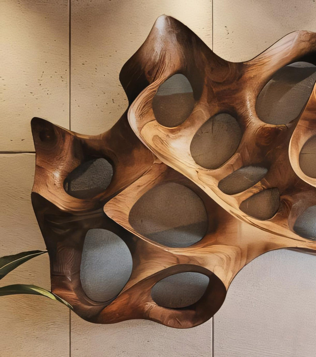 Carved Solid Wood Wall Art Panel in Rustic Modern Style - view 2