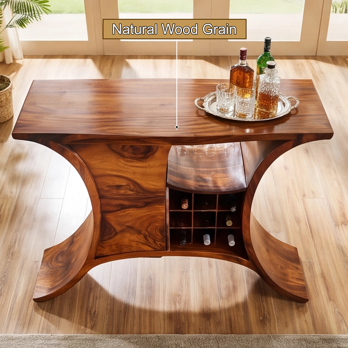 Solid Wood Sculptural Bar Cabinet with Wine and Stemware Storage - view 4