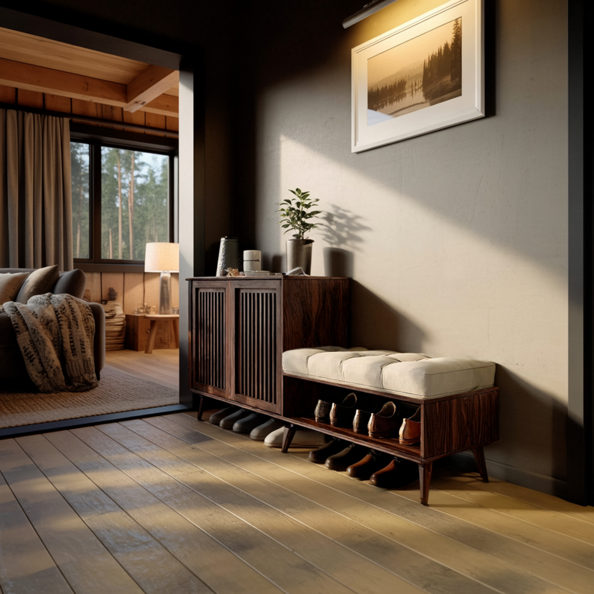 Solid Wood Entryway Bench and Shoe Rack with Slatted Low Cabinet - view 4