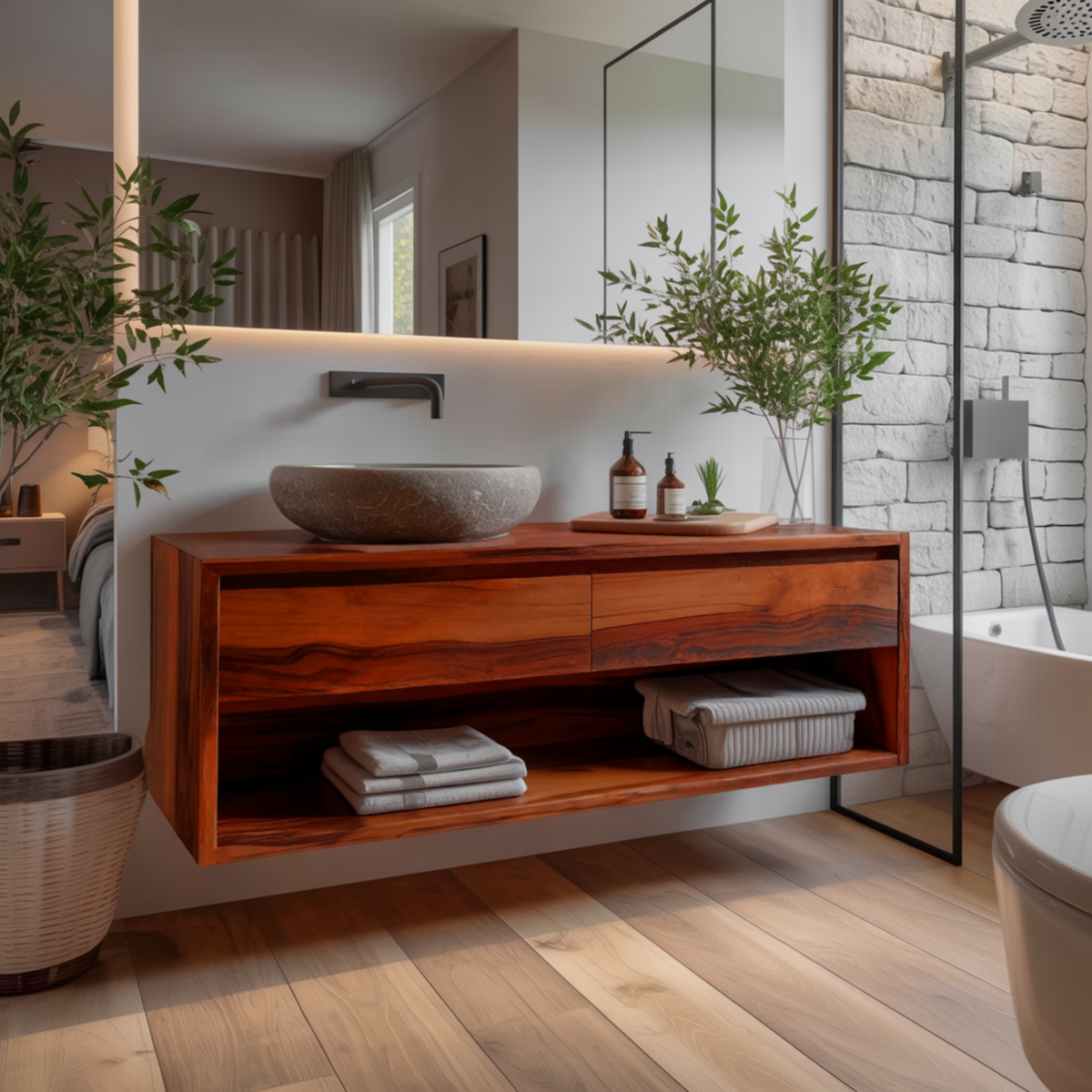 Japandi Solid Wood Floating Bathroom Vanity with Hidden Drawers - view 2
