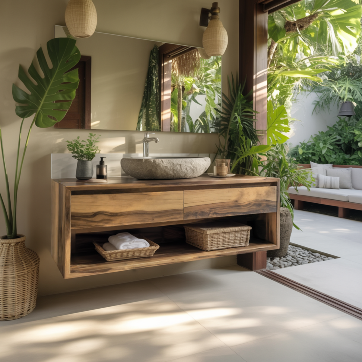 Japandi Solid Wood Floating Bathroom Vanity with Hidden Drawers - view 5