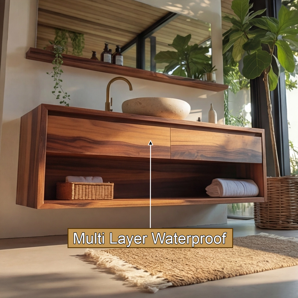 Japandi Solid Wood Floating Bathroom Vanity with Hidden Drawers - view 8