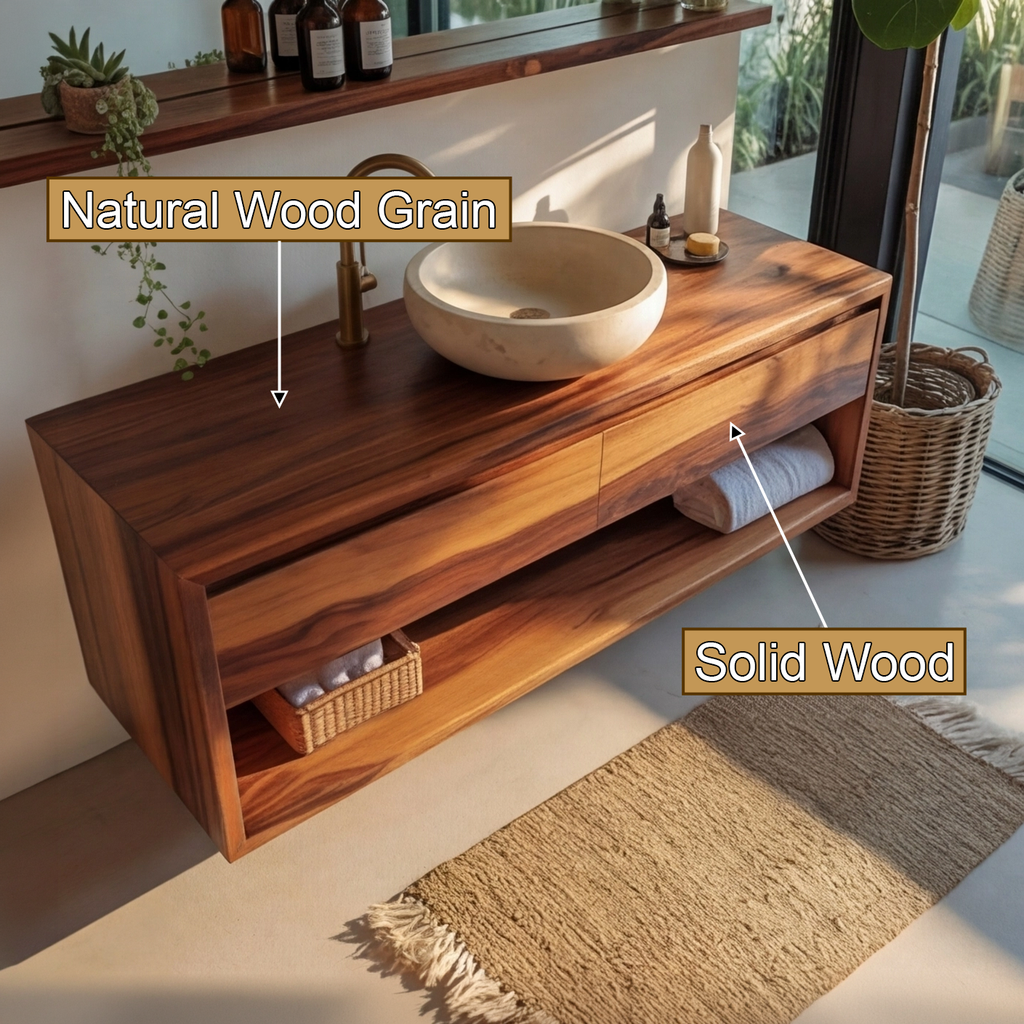 Japandi Solid Wood Floating Bathroom Vanity with Hidden Drawers - view 6